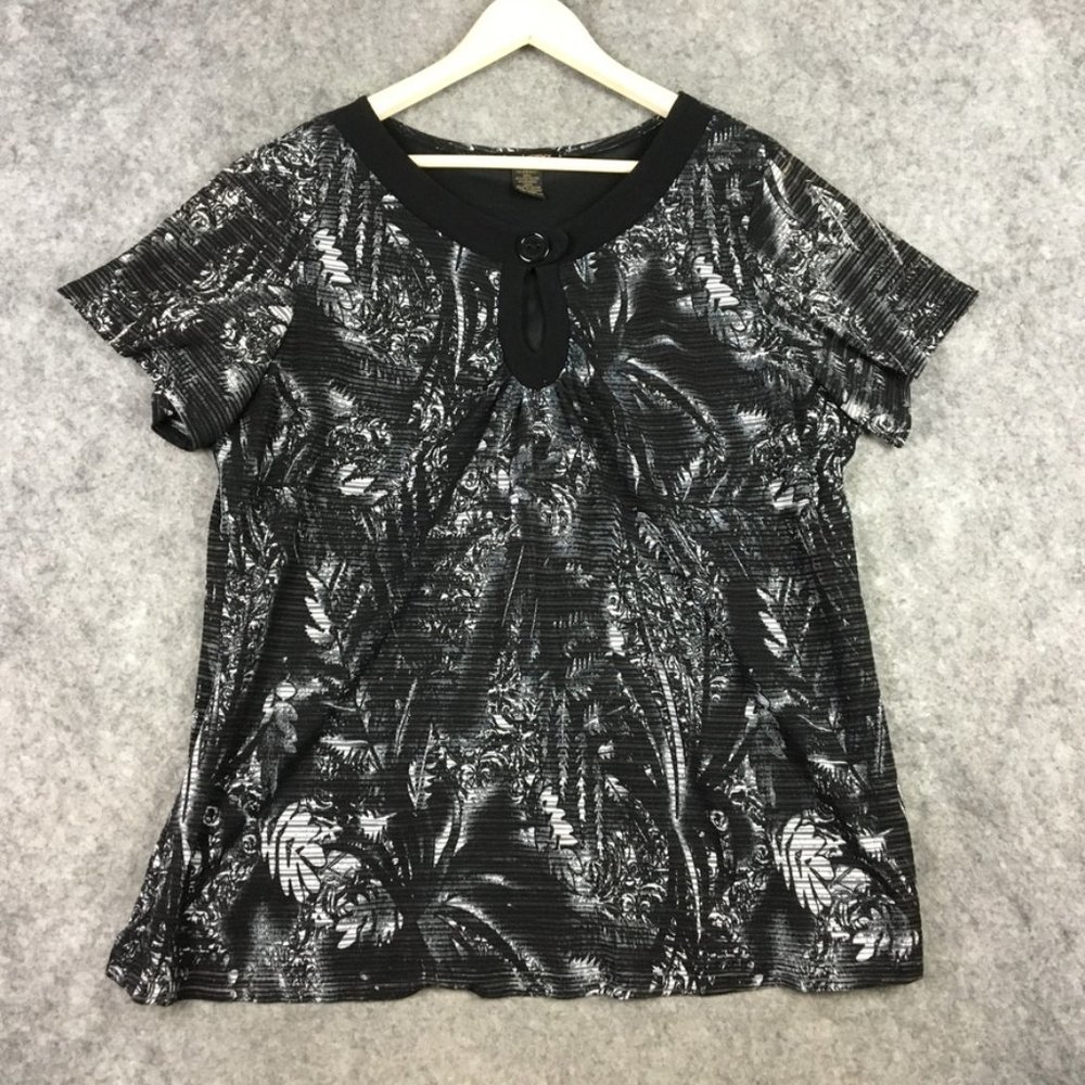 Susan Lawrence Top 2X Blouse Striped Velvet Printed Short Sleeve Black Career